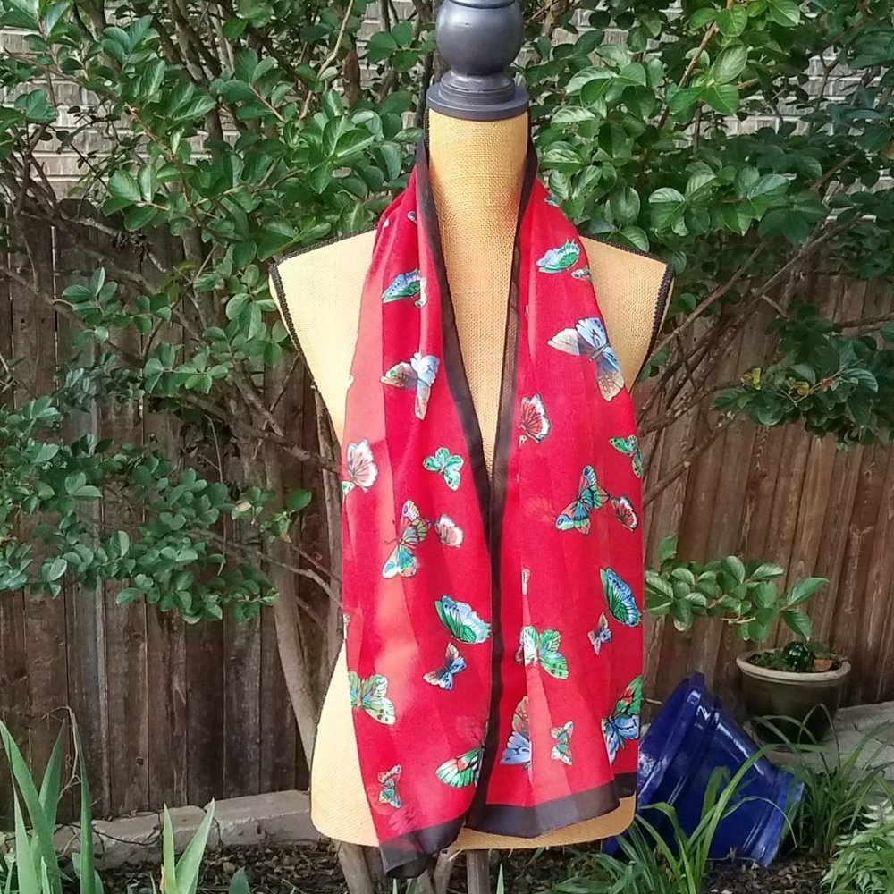 Red Scarf Adorned with Butterflies.